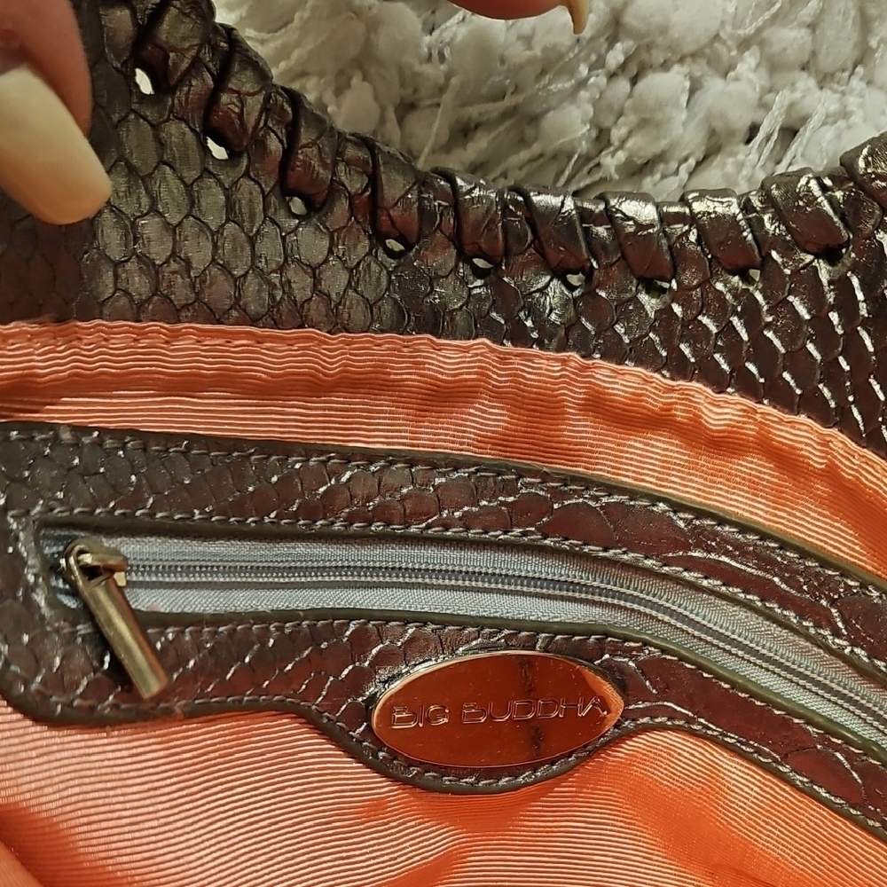 Big Buddha Snake Embosed Silver Metallic Clutch with Chain Detail - Picture 10 of 14